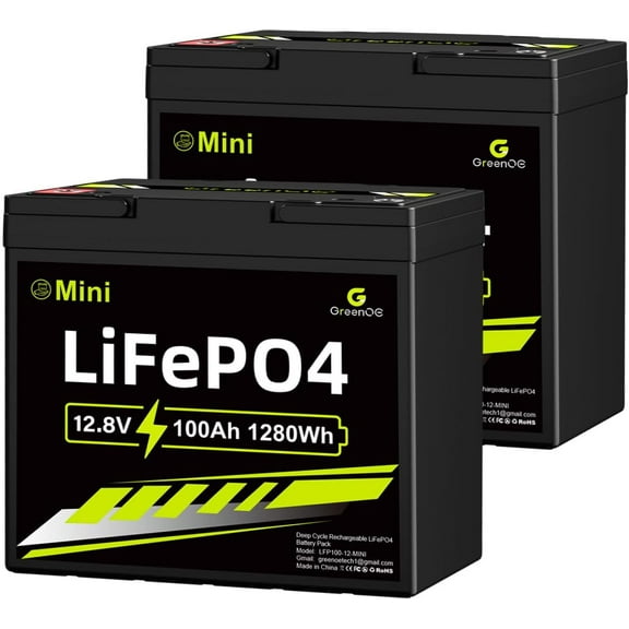 GreenOE 12V 100Ah LiFePO4 Battery,Mini Deep Cycle Lithium Rechargeable Battery, Max.15000 Cycles Built in 100A BMS for RV, Trolling Motor, Camping,Home Energy Storage(2 Packs)