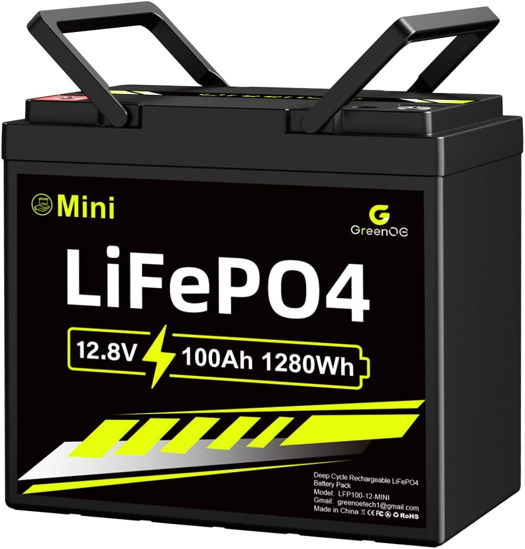 GreenOE 12V 100Ah Mini LiFePO4 Battery,Deep Cycle Battery with 100A BMS, 1280Wh, Up to 15000 Cycles, Lithium Battery for RVs, Trolling Motor & Solar System