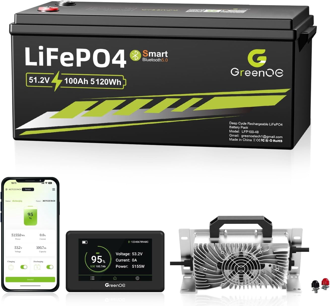 GreenOE 48V 100Ah Lithium Golf Cart Battery, Lifepo4 Battery with Built in 200A Bluetooth BMS, 5.12kWh 48V Lithium Golf Cart Battery with 10.24kW Output, 1000A Peak Current for Golf Cart, Trolling