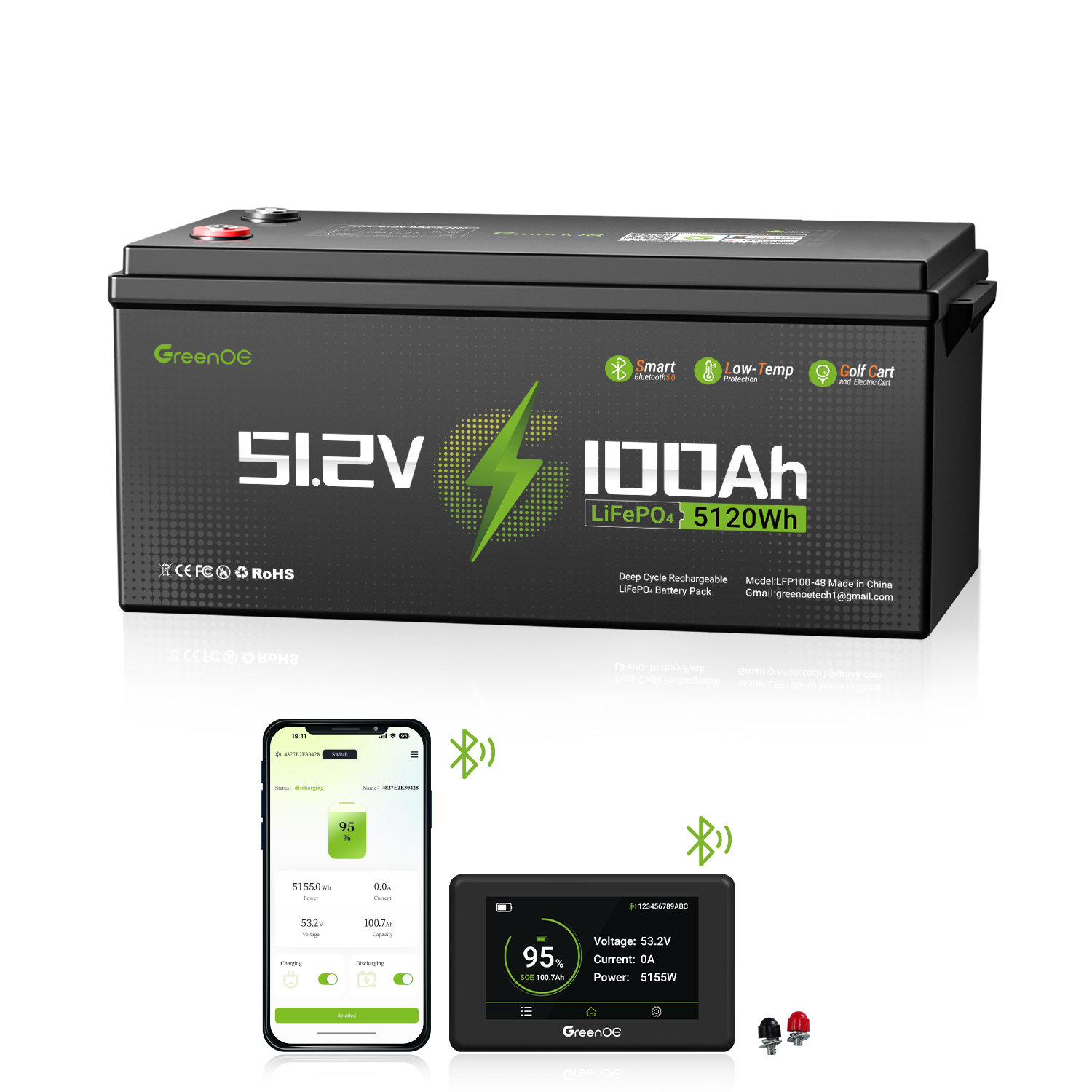 GreenOE 48V 100Ah Lithium Golf Cart Battery, Lifepo4 Battery with Built ...