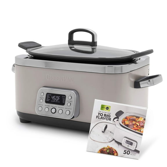 GreenPan 6-Quart, 14-in-1 Slow Cooker, Family Size, Ceramic Nonstick, Dishwasher Safe Parts, Cloud Grey