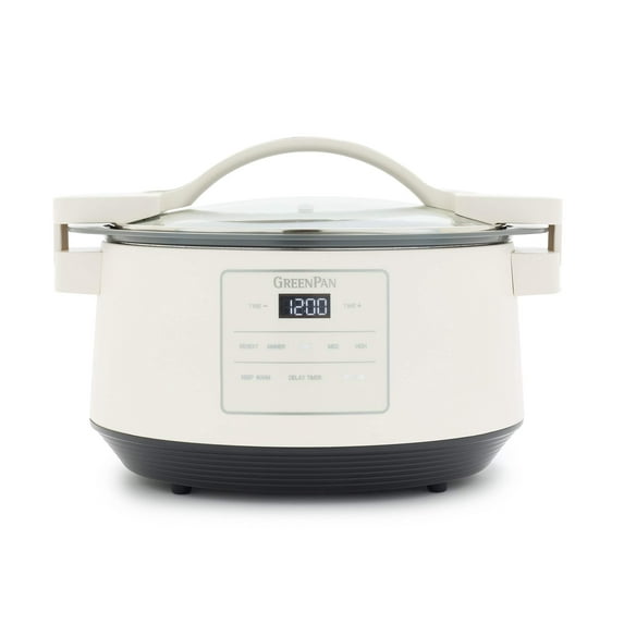 GreenPan 8 Quart Family Size Locking Lid Slow Cooker, Cream