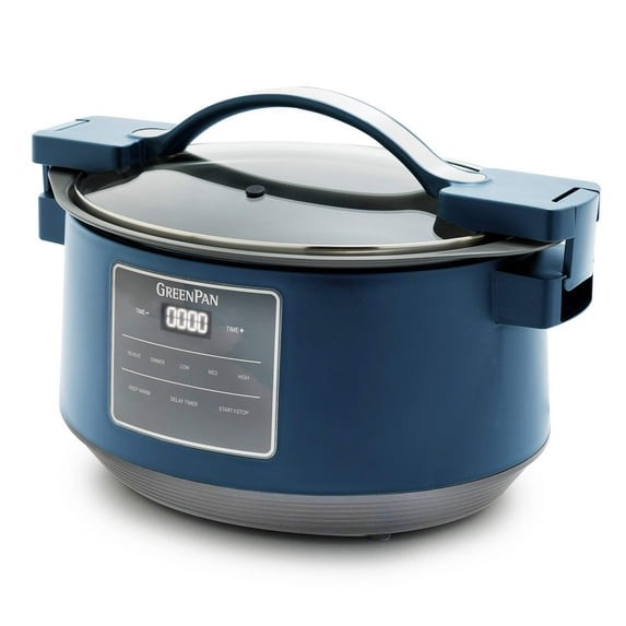 GreenPan 8 Quart Family Size Locking Lid Slow Cooker, Oxford Blue