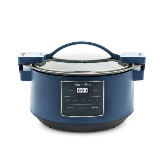 GreenPan 8 Quart Family Size Locking Lid Slow Cooker, Oxford Blue