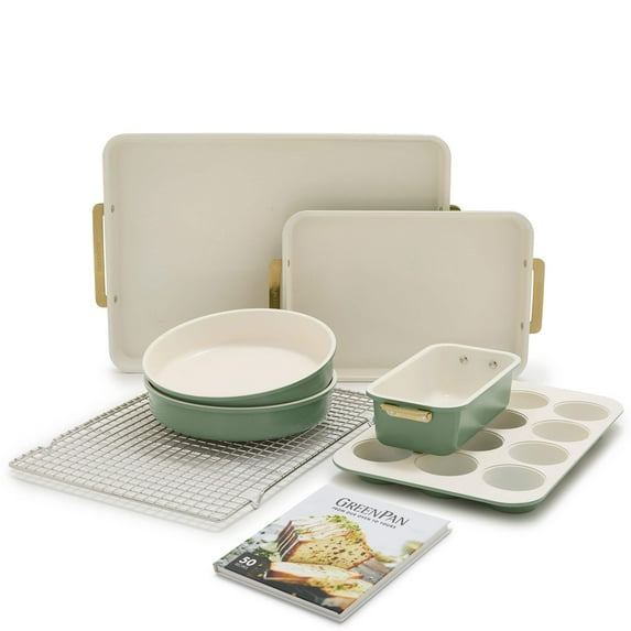GreenPan Bakeware Set, 7 Piece Nonstick Ceramic Baking Sheets, Cake Pans, Loaf Pan, Muffin Tin, Cooling Rack, Green