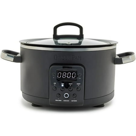 GreenPan Bistro Noir 4QT Electric Slow Cooker with Lid, 6-in-1 Multifunction Heating Presets, Hard Anodized PFAS-Free Removeable Inner Pot with Ceramic Nonstick Coating, Easy Grip Handles, Matte Black