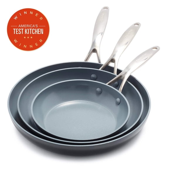 GreenPan  3-Piece Ceramic Fry Pan Set,  Nonstick Hard Anodized Aluminum Stainless Steel, 8", 9.5", 11", Gray,