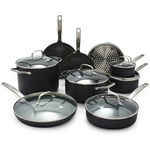 GreenPan Chatham Prime Midnight Hard Anodized Healthy Ceramic Nonstick, 15 Piece Cookware Pots and Pans Set, Saute, Saucepan, Steamer, Stockpot, Lids, PFAS-Free, Dishwasher & Oven Safe, Black