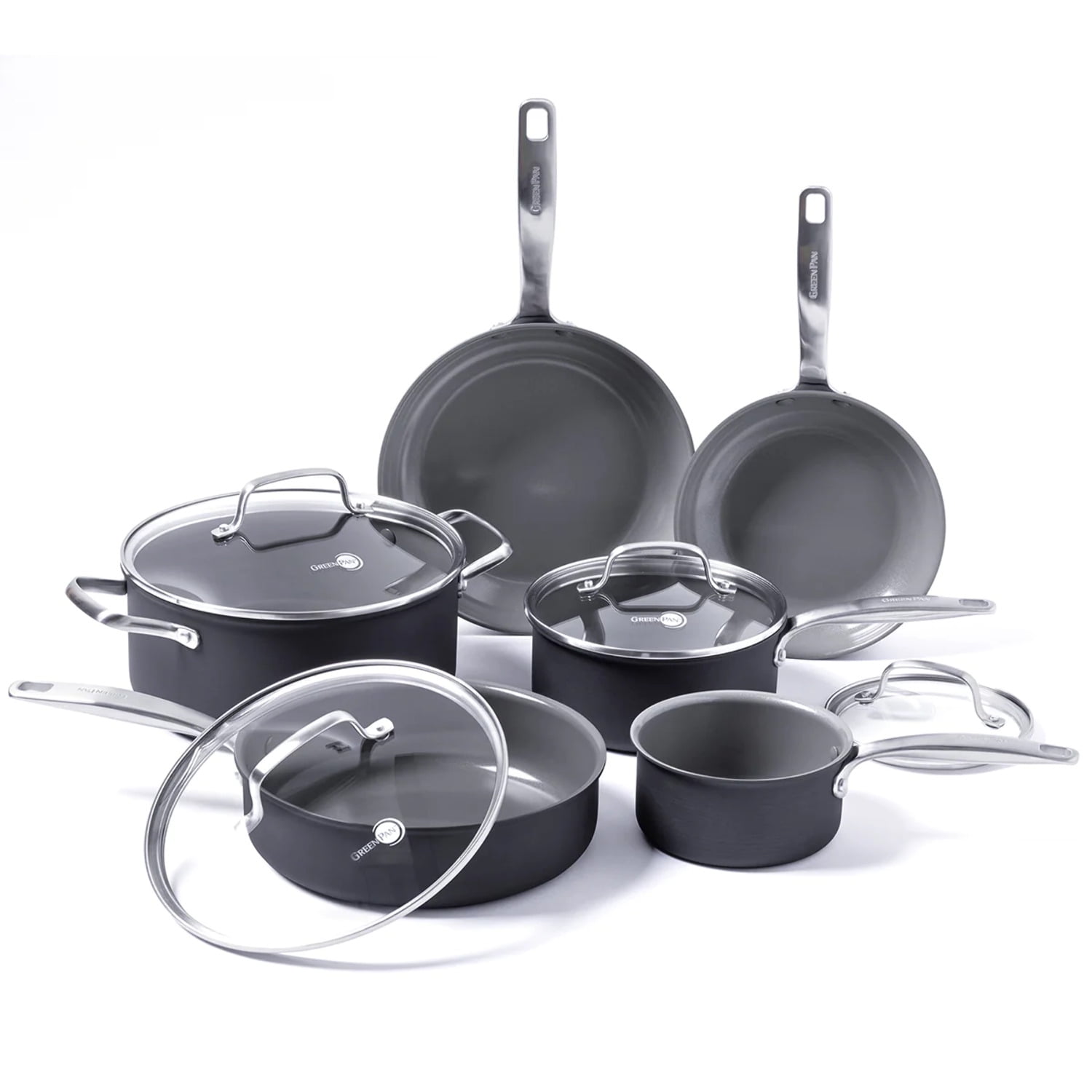 GreenPan Treviso Stainless Steel Healthy Ceramic Nonstick, 10 Piece Cookware Pots and Pans Set, PFAS-Free, Clad, Induction, Dishwasher Safe, Silver