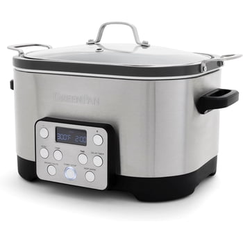GreenPan Electric 6QT Slow Cooker with Lid, Ceramic Removable Pot, 5-in-1 Multifunction Design, In-Pot-Browning, Keep Warm, Dishwasher & Oven Safe Inner Bowl, Stainless Steel