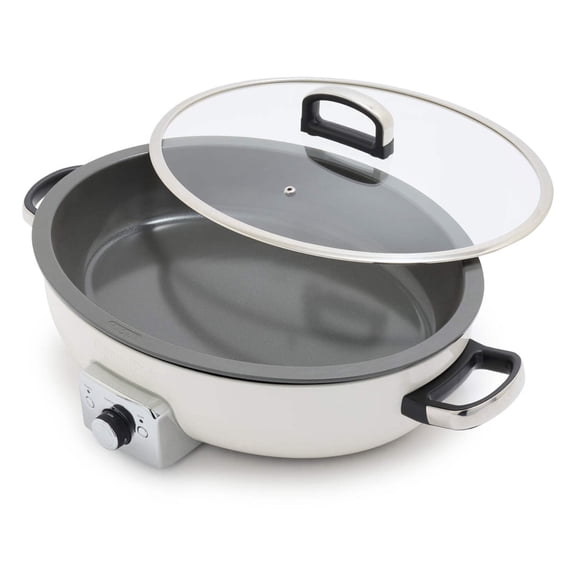 GreenPan 5.5qt Electric Oval Skillet, Ceramic Nonstick, 1800 Watts, Dishwasher Safe Removeable Bowl, Cream