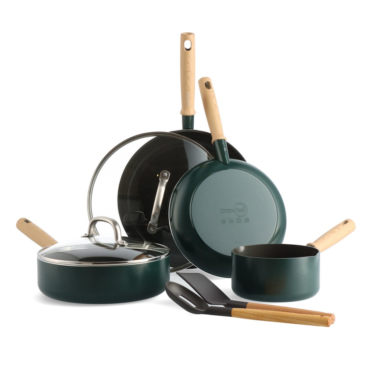GreenPan Hudson Healthy Ceramic Nonstick, 8 Piece Cookware Pots and Pans  Set, Wood Inspired Handle, PFAS-Free, Dishwasher Safe, Forest Green 
