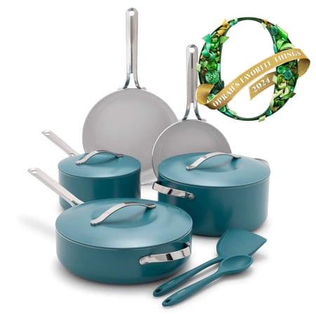 GreenPan Nova 10-Piece Cookware Pots and Pans Set, Oprah’s Favorite Things 2024, Ceramic Nonstick, Fry, Sauté, Stockpot, Utensils, Lids, Induction Suitable, Dishwasher, Oven Safe, Deep Teal