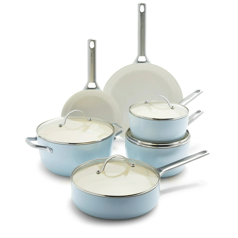 Reserve Ceramic Nonstick 10-Piece Cookware Set, Sky Blue with Gold-To