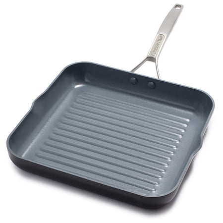 GreenPan Paris Pro Healthy Ceramic Nonstick 11" Square Grill Pan with Spouts, Gray