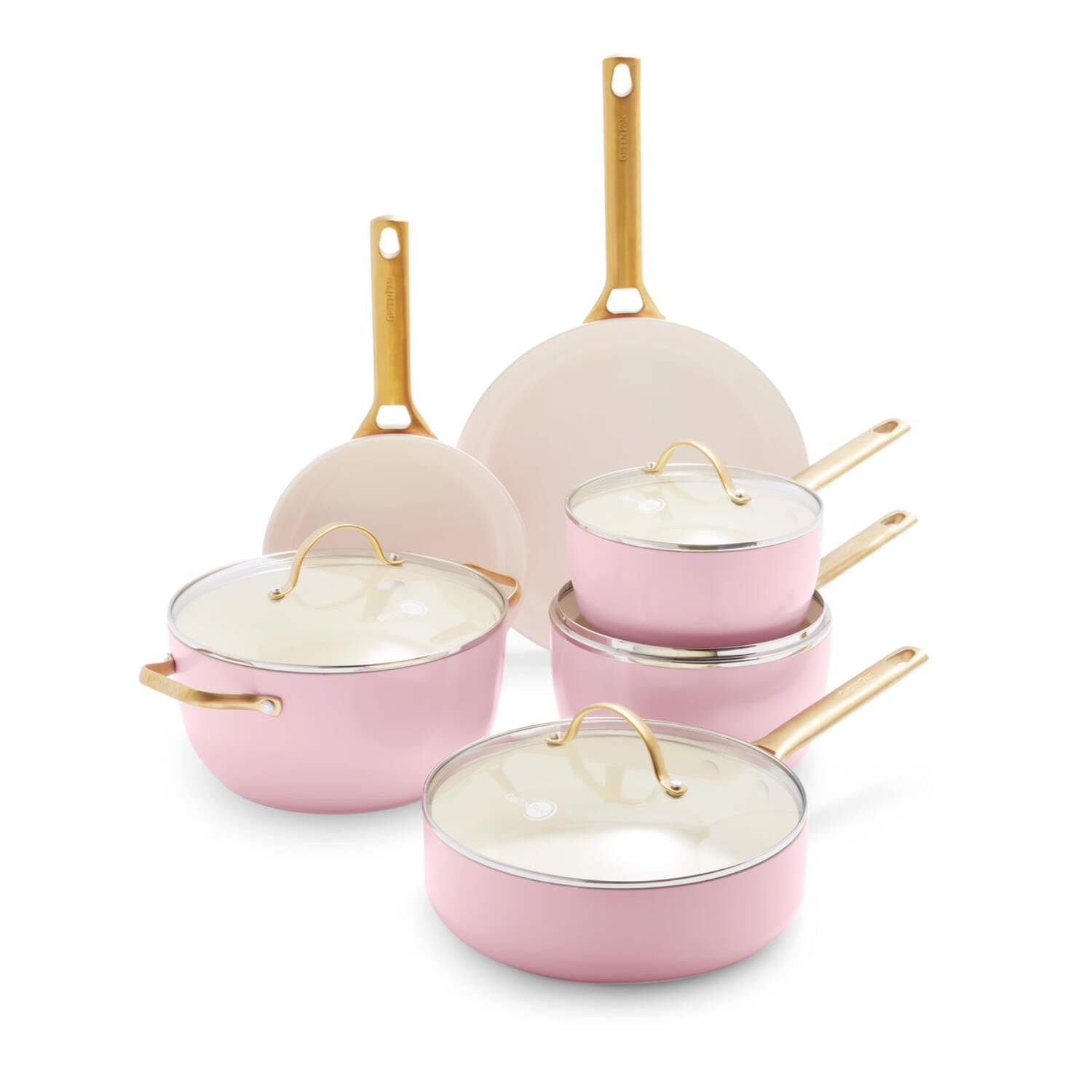 Blush Pink Ceramic Nonstick 10-Piece Cookware Set with Gold Handles