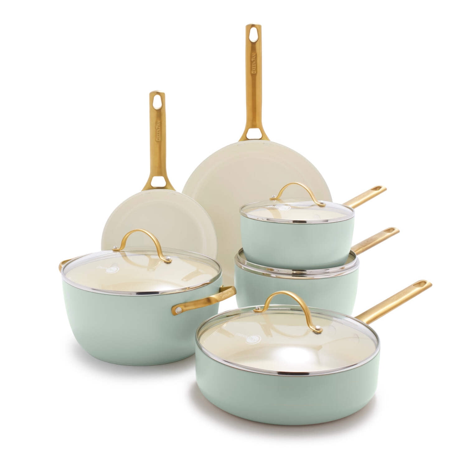Mint Green Aluminum Nonstick 10-Piece Cookware Set with Gold Handles