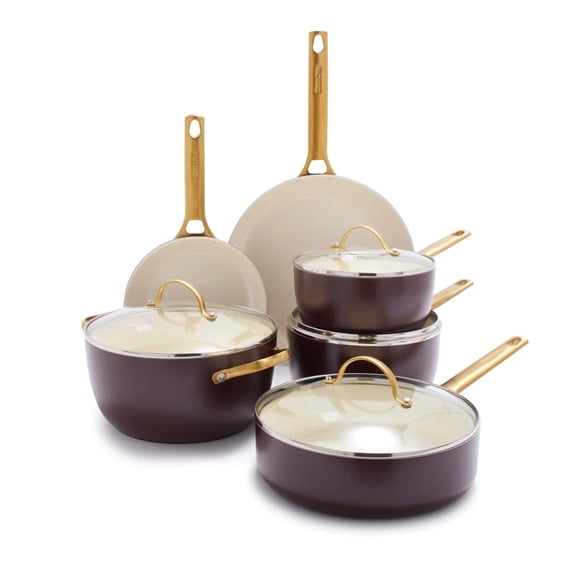 GreenPan Reserve Ceramic Nonstick 10-Piece Cookware Set | Merlot with Gold-Tone Handles