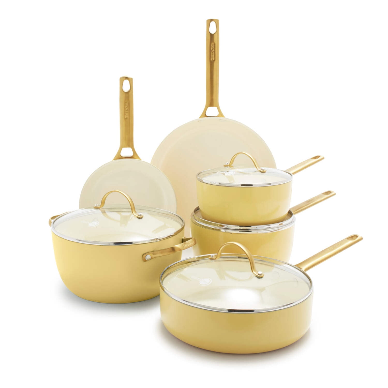 Sunrise Yellow Ceramic Nonstick 10-Piece Cookware Set with Gold Handles