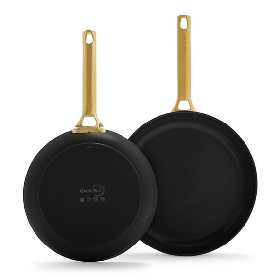 GreenPan Reserve Ceramic Nonstick 10" and 12" Frypan Set | Black with Gold-Tone Handles