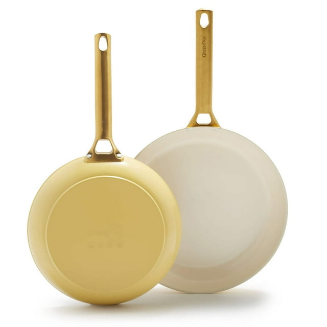 GreenPan Reserve Ceramic Nonstick 10" and 12" Frypan Set | Sunrise with Gold-Tone Handles