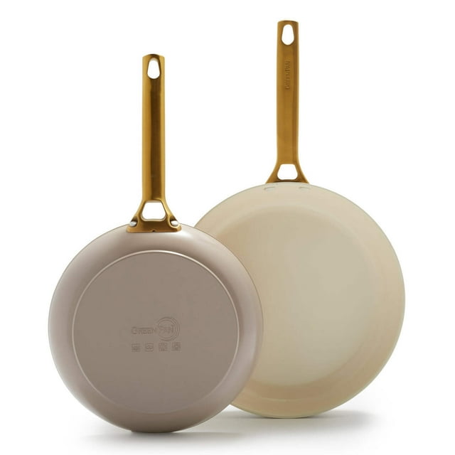 GreenPan Reserve Ceramic Nonstick 10" and 12" Frypan Set | Taupe with Gold-Tone Handles