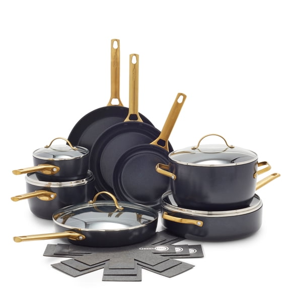GreenPan Reserve Ceramic Nonstick 13-Piece Cookware Set | Black with Gold-Tone Handles