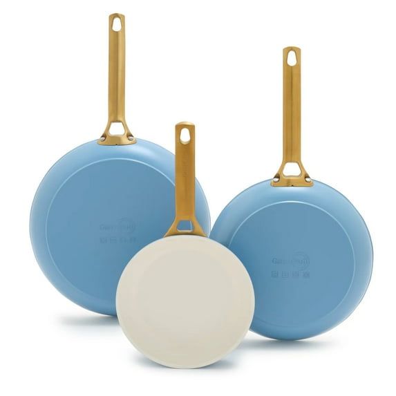 GreenPan Reserve Ceramic Nonstick 8", 10" and 12" Frypan Set | Sky Blue with Gold-Tone Handles