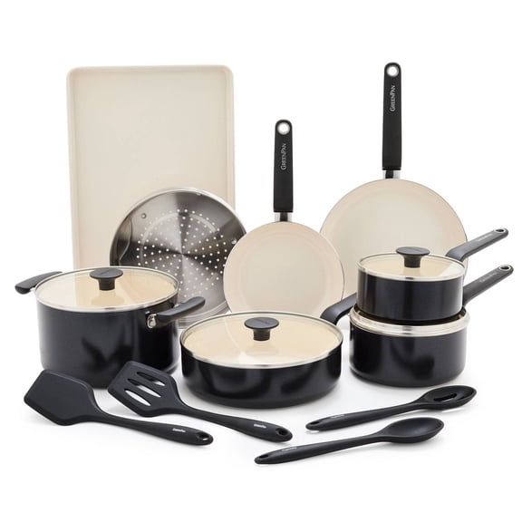 GreenPan Rio Advanced 16-Piece Ceramic Nonstick Cookware Set, Black, Pots & Pans with Glass Lids, PFAS-Free Kitchen Cookware