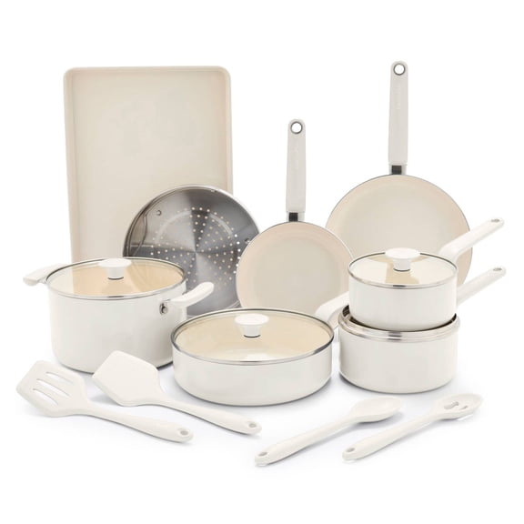 GreenPan Rio Advanced 16-Piece Ceramic Nonstick Cookware Set, Cream, Pots & Pans with Glass Lids, PFAS-Free Kitchen Cookware