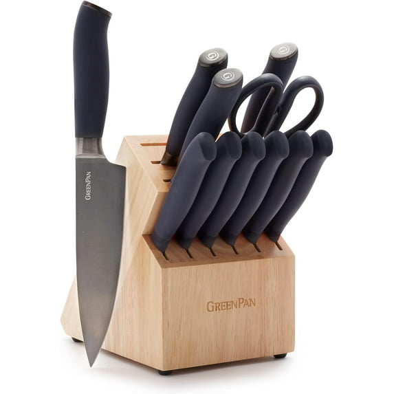 GreenPan Titanium 12-Piece Knife Block Set, Titanium Coated, Stainless Steel, Eco-friendly, Ergonomic Grip, Slip Resistant, Balanced, Heat Treated, Hand Sharpened, Dishwasher Safe