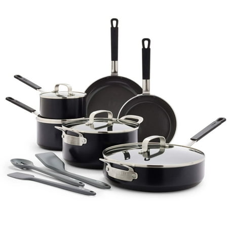 GreenPan x Bobby Flay 13 Piece Cookware Pots and Pans Set, Professional Grade Aluminum, Ceramic Nonstick, Induction Suitable, Stay-Cool Silicone Handle, Dishwasher & Oven Safe, Black