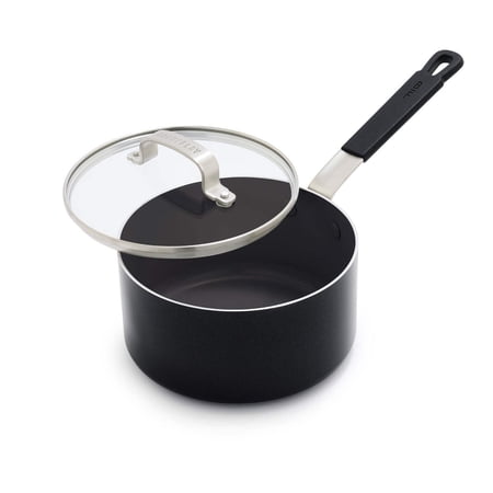 GreenPan x Bobby Flay 2.53QT Saucepan with Glass Lid, Professional Grade Aluminum, Ceramic Nonstick, Induction Suitable, Stay-Cool Silicone Handle, Dishwasher & Oven Safe, Black