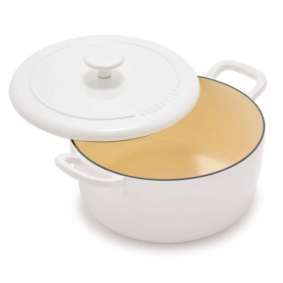 GreenPan x Bobby Flay 5.5QT Enameled Cast Iron Round Dutch Oven with Lid, Dual Handles, Oven Safe to 500F & Induction Suitable, Self Basting Lid, Ultra-Durable, Sear, Braising, Bread, Stews, Ivory