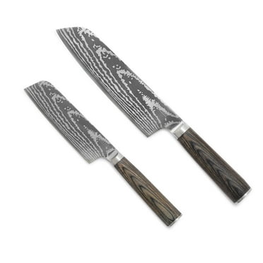 GreenPan x Bobby Flay 5” & 7” Santoku Knife Set, Premium Stainless Steel Blades, Precision Cutting Kitchen Tools, Ultra-Versatile Cutlery, Hand Finished Wood Handle, Damascus Steel Design