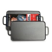 GreenPan Bobby Flay Cast Iron Pre-Seasoned 11  Reversible Double Burner Rectangle Grill/Griddle, Black