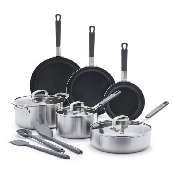 GreenPan x Bobby Flay Stainless Steel 12 Piece Cookware Pots and Pans Set, Professional Grade Tri Ply, Healthy Ceramic Nonstick, Induction Suitable, Dishwasher & Oven Safe, Stay Cool Handles