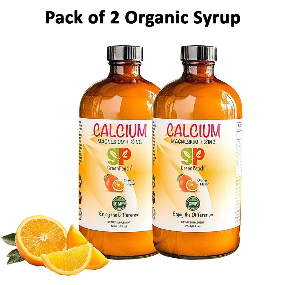 GreenPeach Organic Calcium, Magnesium & Zinc Syrup with Vitamin D3 for Kids, Orange Flavor 16 fl oz, Multivitamin/Multimineral Supplements for Growing Children, Pack of 2
