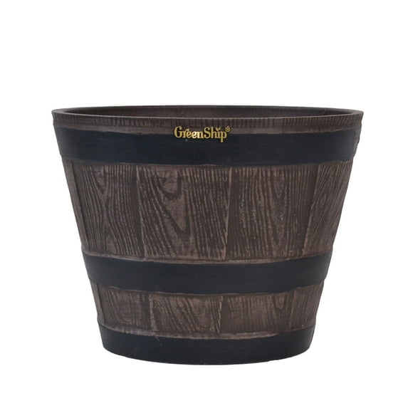 GreenShip Whiskey Barrel Planter - 15 Inch Rustic Resin Plant Pot with Drainage Hole for Indoor/Outdoor Use (Color: Chocolate)