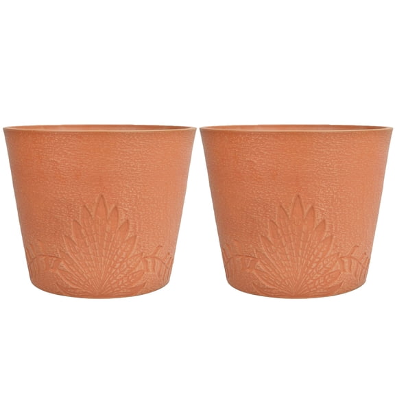 GreenShip 15 inch Large Planters, Set of 2 Relief Planters - Recycled Resin & Stone Composite Flower Pots - Weather Resistant Lightweight Garden Pots for Indoor Outdoor Plants