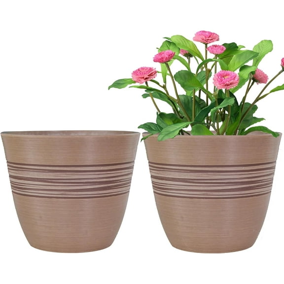 GreenShip 2 Pack 12.2-in W x 10-in H Resin Planter Indoor/Outdoor Plant Pots with Drainage Hole, Taupe