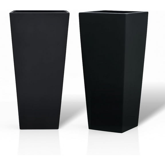 GreenShip 27" Tall Planters, Set of 2 – Black Outdoor Planter for Front Porch & Tall Plants, Weather-Resistant, with Drainage Hole & Rubber Plug (No Plants Included) (Black-2pcs)