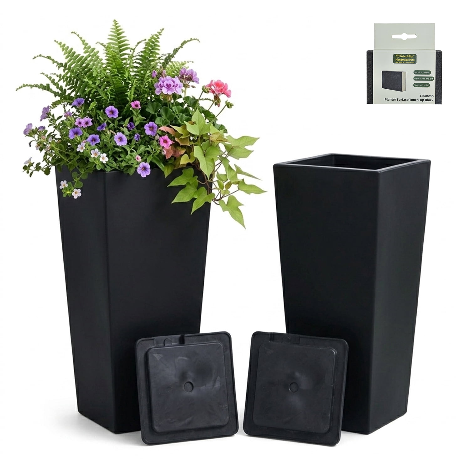 GreenShip 27 inch Large Outdoor Planter, Tall Planters for Outdoor Plants,  Set of 2 Flower Pots with Drainage & Inner Shelf, Modern Decorative Garden  ...