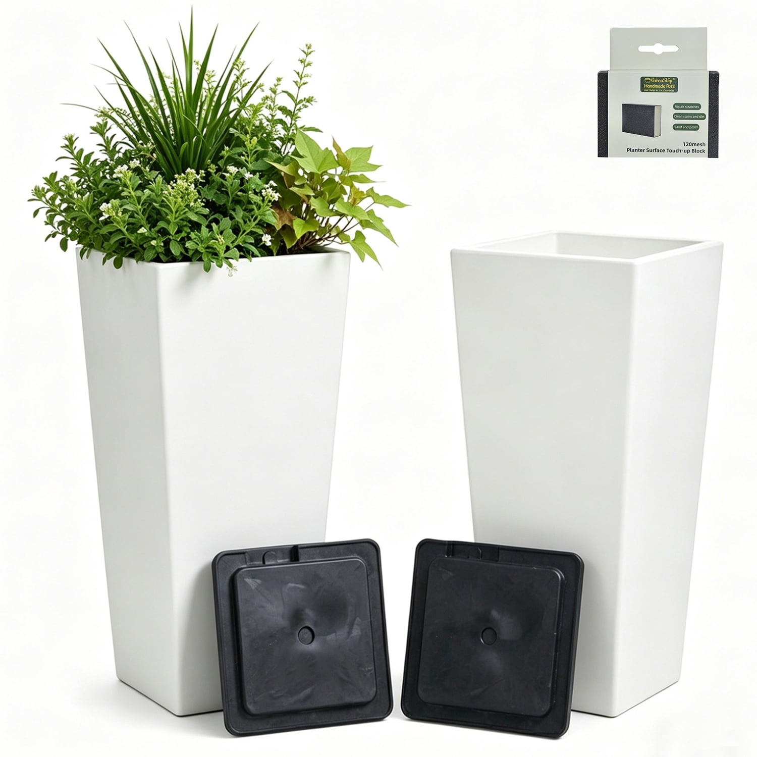 GreenShip 27 inch Large Outdoor Planter, Tall Planters for Outdoor Plants, Set of 2 Flower Pots with Drainage & Inner Shelf, Modern Decorative Garden Pots for Porch, Patio, Front Door