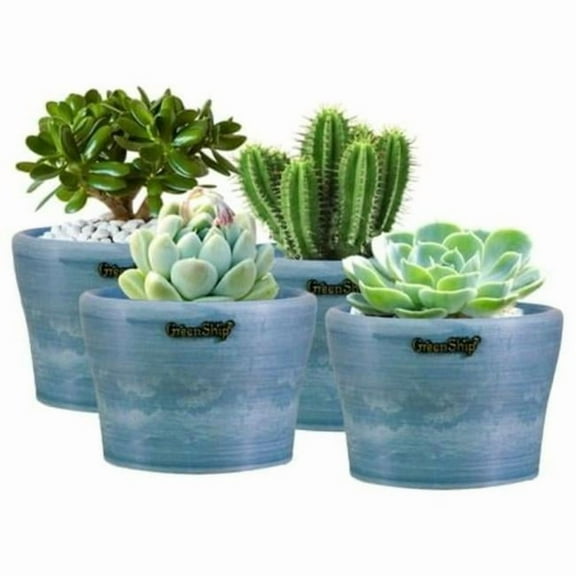 GreenShip 5.12" x 3.55" Blue Stone Plant Pot with Drainage Hole, 4 Count