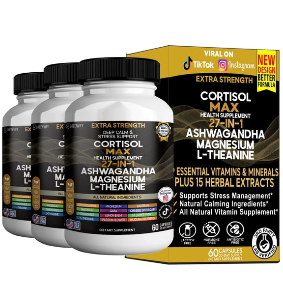 GreenVify Cortisol Max Health Supplement 27-in-1 Ashwagandha, Magnesium & L-Theanine Daily Stress Balance & Wellness Support