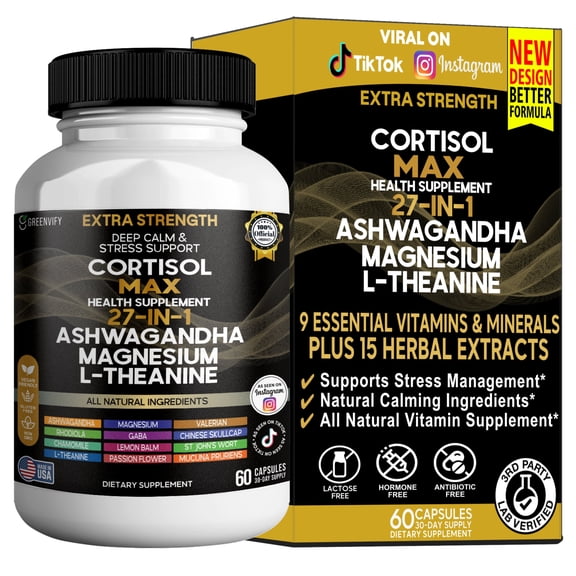 GreenVify Cortisol Max Health Supplement 27-in-1 Ashwagandha, Magnesium & L-Theanine Daily Stress Balance & Wellness Support