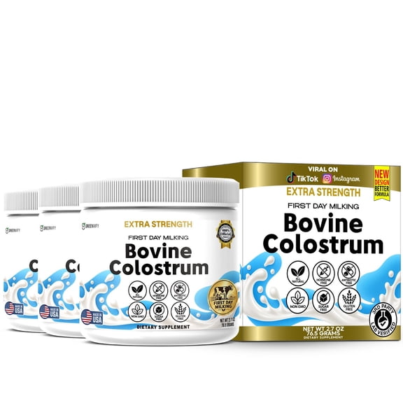 GreenVify First Day Milking Bovine Colostrum Immune & Gut Support Supplement Powder with IgG, Lactoferrin & Marshmallow Root, 2.7 oz (30 Servings) (3 Pack)