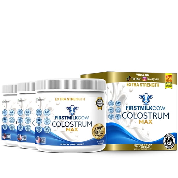 GreenVify FirstMilkCow Colostrum Max Immune & Gut Support Supplement Powder with IgG, Lactoferrin & Marshmallow Root, 2.7 oz (30 Servings) (3 Pack)