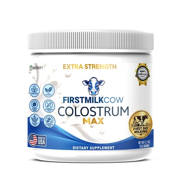 GreenVify FirstMilkCow Colostrum Max Immune & Gut Support Supplement Powder with IgG, Lactoferrin & Marshmallow Root, 2.7 oz (30 Servings)